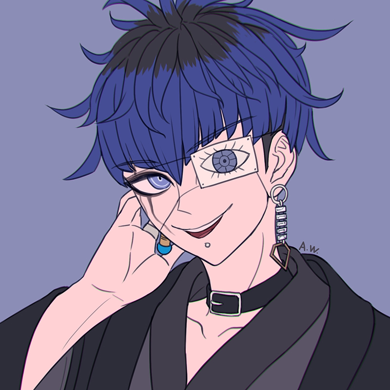 arthasw, omokage yugamu, the hundred line -last defense academy-, commentary, symbol-only commentary, 1boy, belt collar, black collar, black hair, black haori, blue background, blue eyes, blue hair, chin piercing, chromatic aberration, collar, collarbone, earrings, eyepatch, face piercing, facepaint, flat color, grey kimono, hair between eyes, hand up, haori, japanese clothes, jewelry, kimono, long sleeves, male focus, mismatched earrings, multicolored hair, open mouth, piercing, portrait, print eyepatch, print haori, ring, roots (hair), short hair, signature, simple background, smile, solo, teeth, two-tone hair, upper teeth only, wide sleeves
