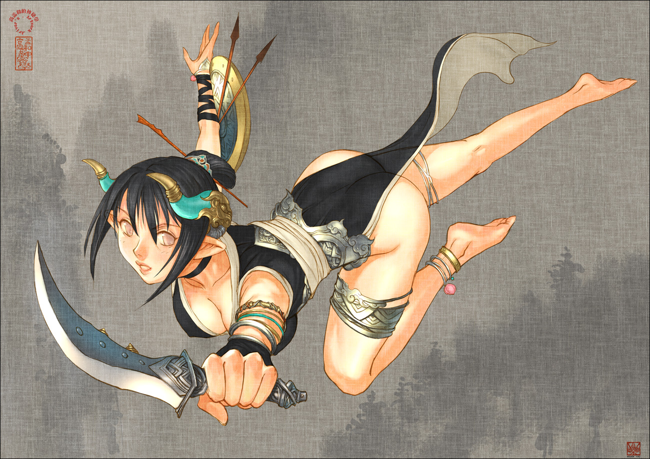 ariverkao, original, 1girl, anklet, ass, barefoot, black hair, breasts, choker, cleavage, dagger, feet, female focus, foreshortening, jewelry, knife, legs, lips, no panties, pointy ears, ponytail, see-through clothes, shield, solo, thighlet, weapon