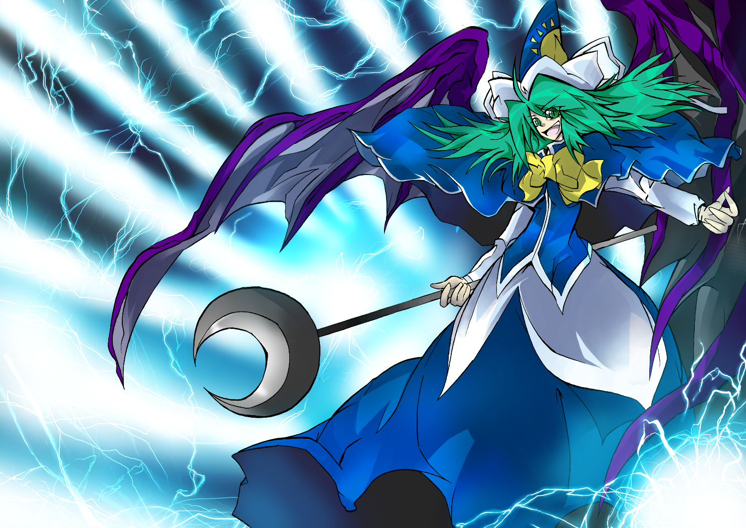 imouchi sutan, sutan beeguru, mima (touhou), touhou, touhou (pc-98), bad id, bad pixiv id, 1girl, bat wings, female focus, green eyes, green hair, hat, long hair, matching hair/eyes, solo, wings, wizard hat