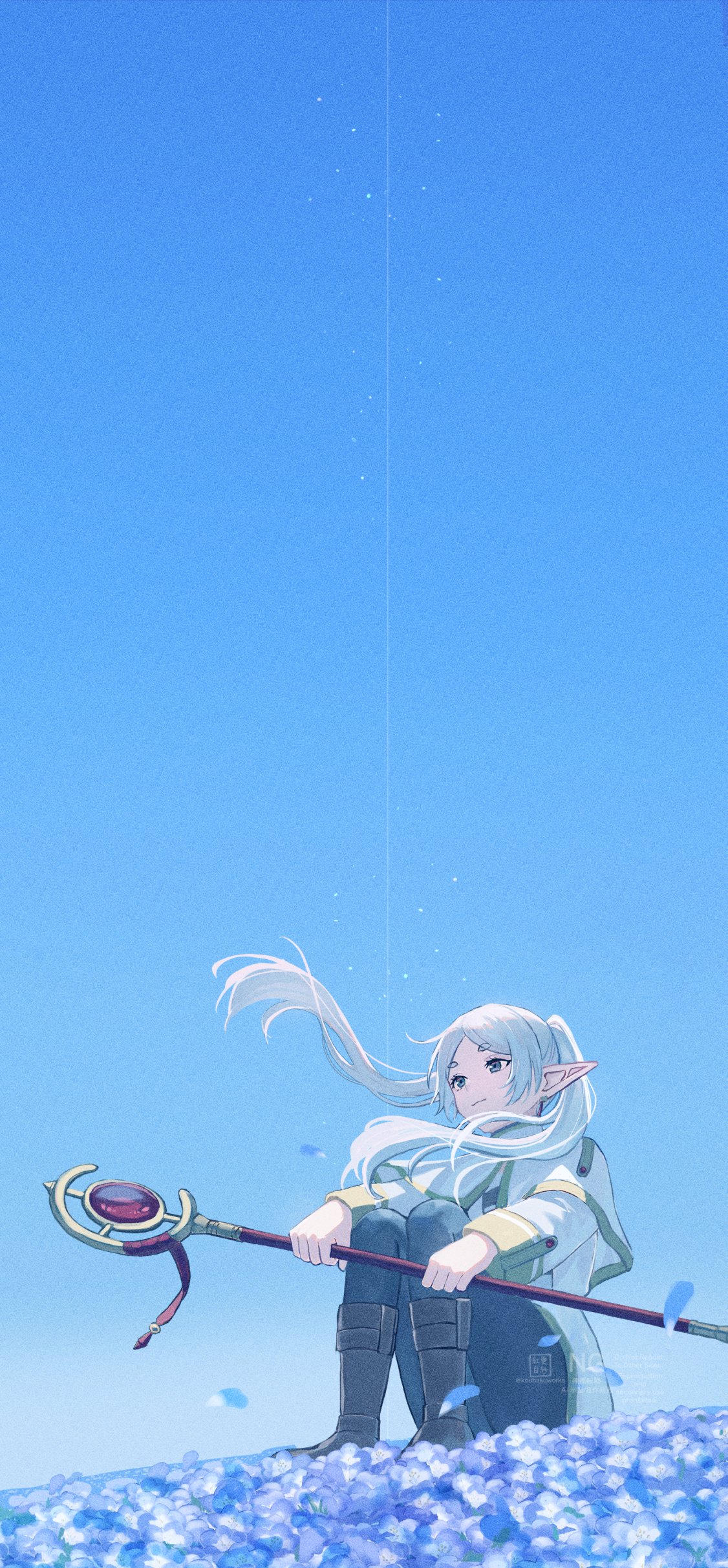 sarasa kouhaku, frieren, sousou no frieren, absurdres, highres, 1girl, black pantyhose, blue flower, blue sky, boots, brown boots, capelet, field, flower, flower field, forget-me-not (flower), full body, gold trim, holding, holding staff, hugging own legs, light smile, outdoors, pantyhose, parted lips, poi, shirt, sitting, sky, solo, staff, striped clothes, striped shirt, twintails, white capelet, white hair, white shirt