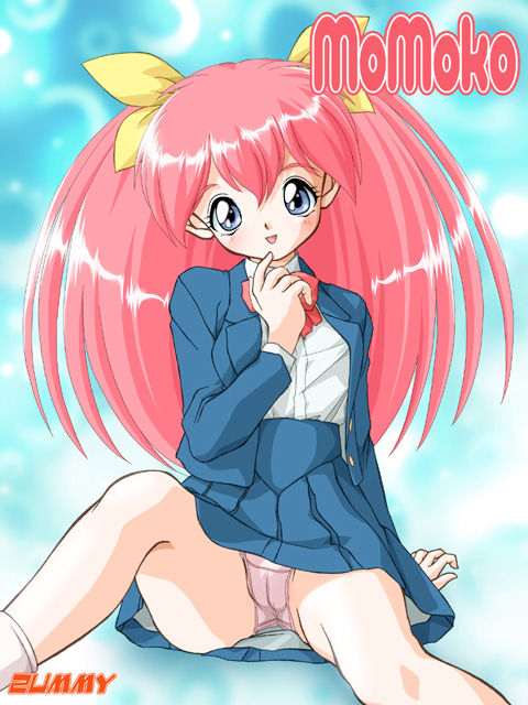 zummy, hanasaki momoko, ai tenshi densetsu wedding peach, bad id, bad pixiv id, 1990s (style), 1girl, blazer, blue eyes, blush, bow, cameltoe, character name, female focus, hair bow, jacket, magical girl, panties, pantyshot, pink hair, pink panties, retro artstyle, school uniform, sitting, smile, solo, twintails, underwear, yellow bow