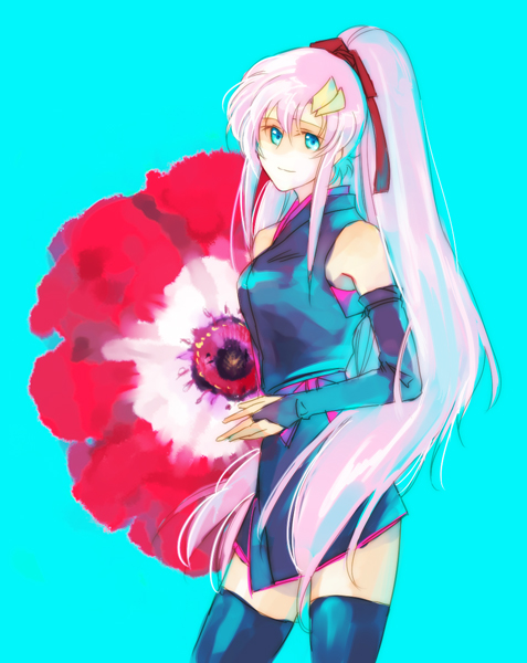 mameezu, lacus clyne, gundam, gundam seed, gundam seed destiny, 00s, long hair, pink hair, ponytail, solo, thighhighs