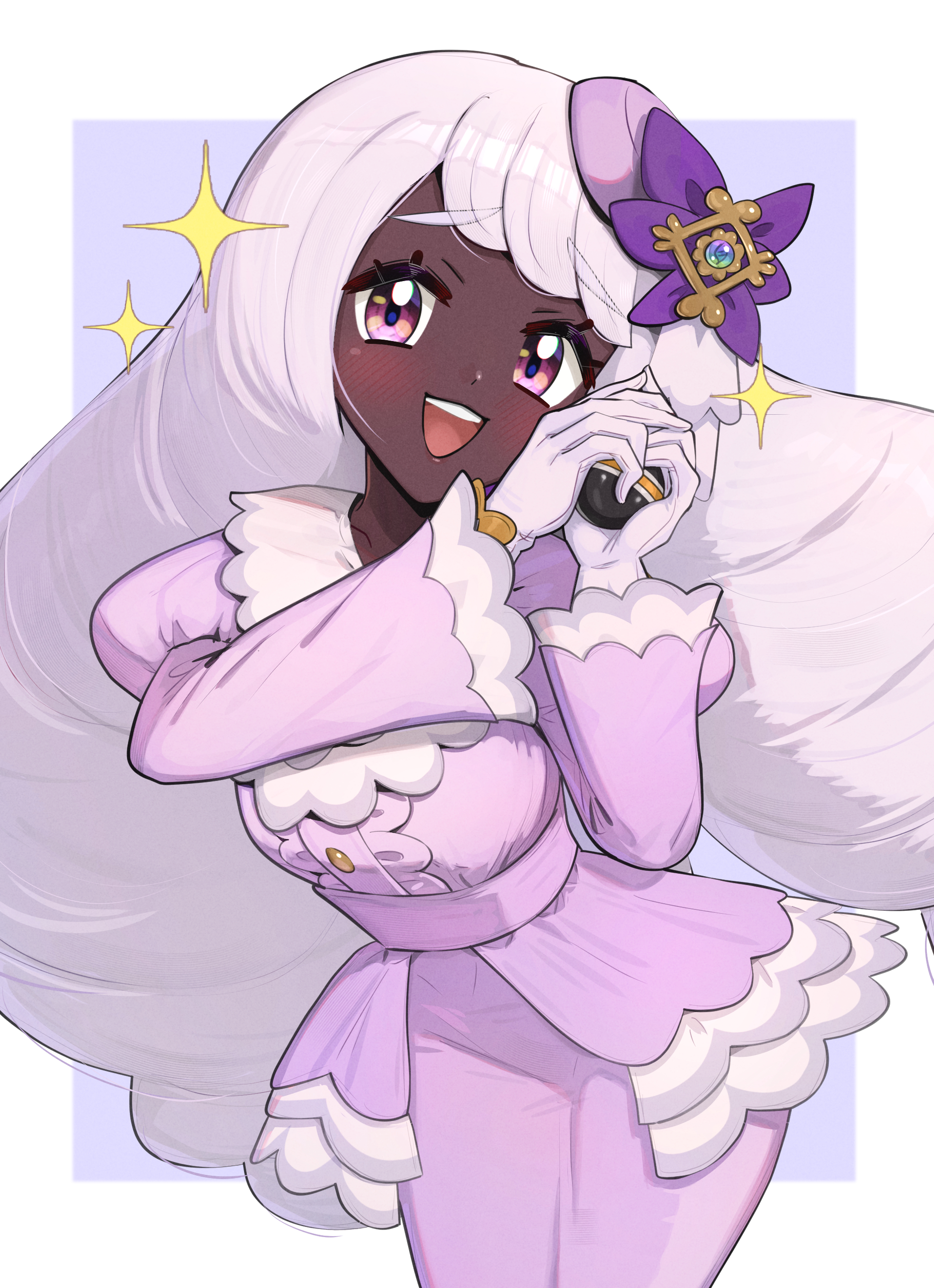 gonzarez, jacinthe (pokemon), nintendo, pokemon, pokemon legends: z-a, absurdres, highres, 1girl, blush, breasts, dark-skinned female, dark skin, dress, fascinator, frills, gloves, holding, holding poke ball, juliet sleeves, long hair, long sleeves, looking at viewer, low drills, luxury ball, medium breasts, mega stone, open mouth, poke ball, puffy sleeves, purple dress, purple eyes, purple hair, smile, solo, star (symbol), teeth, upper teeth only, very dark skin, white gloves