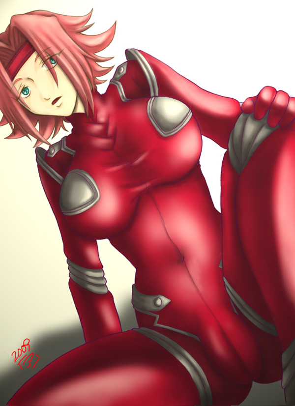 acid (pixiv719722), kouzuki kallen, code geass, bad id, bad pixiv id, 00s, 1girl, bodysuit, breasts, female focus, gradient background, headband, large breasts, red hair, solo