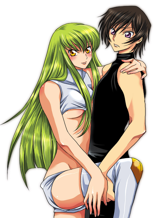 koromo (kinu), c.c., lelouch vi britannia, code geass, bad id, bad pixiv id, 00s, 1boy, 1girl, breasts, green eyes, green hair, long hair, medium breasts, thighhighs, underboob, yellow eyes
