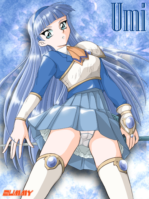zummy, ryuuzaki umi, magic knight rayearth, bad id, bad pixiv id, 1990s (style), 1girl, armor, armored dress, blazer, blue eyes, blue hair, blue hairband, blue skirt, blunt bangs, boots, cameltoe, character name, dress, female focus, hairband, headband, hime cut, jacket, long hair, lying, matching hair/eyes, panties, pantyshot, pleated skirt, rapier, retro artstyle, ribbon, school uniform, skirt, solo, sword, thigh boots, thighhighs, underwear, weapon, white panties