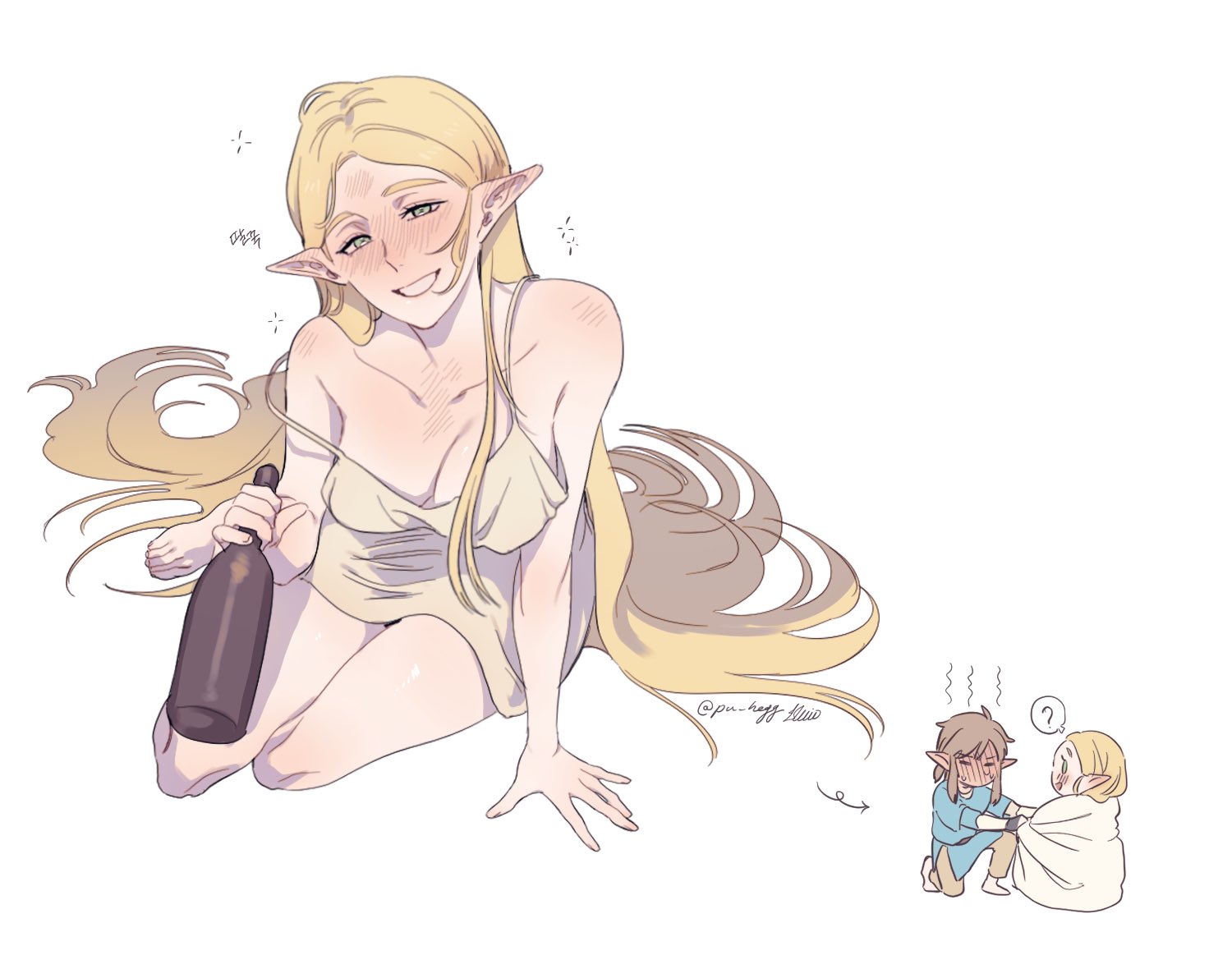 pu hegg, link, princess zelda, nintendo, the legend of zelda, the legend of zelda: breath of the wild, 1boy, 1girl, ?, aqua tunic, bare shoulders, blanket, blush, bottle, breasts, chest blush, cleavage, dress, drunk, green eyes, grey pants, holding, holding bottle, kneeling, long hair, medium breasts, on one knee, pants, parted bangs, parted lips, pointy ears, short dress, shoulder blush, sidelocks, smile, spoken question mark, strap slip, sweatdrop, teeth, tunic, twitter username, white background, white dress