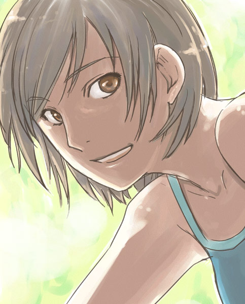 nishima kin, original, 1girl, :d, bare shoulders, camisole, collarbone, female focus, grin, looking at viewer, open mouth, parted lips, short hair, smile, solo, teeth