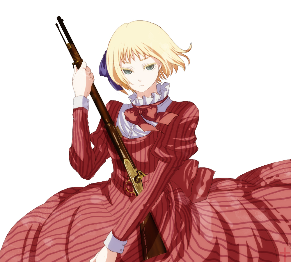 koto2, kotokoto (pixiv 366788), kotokoto (vibgyor), liechtenstein (hetalia), axis powers hetalia, striped, bad id, bad pixiv id, 00s, 1girl, antique firearm, blonde hair, dress, female focus, firearm, firelock, flintlock, frills, green eyes, gun, hair ribbon, ribbon, rifle, short hair, solo, weapon