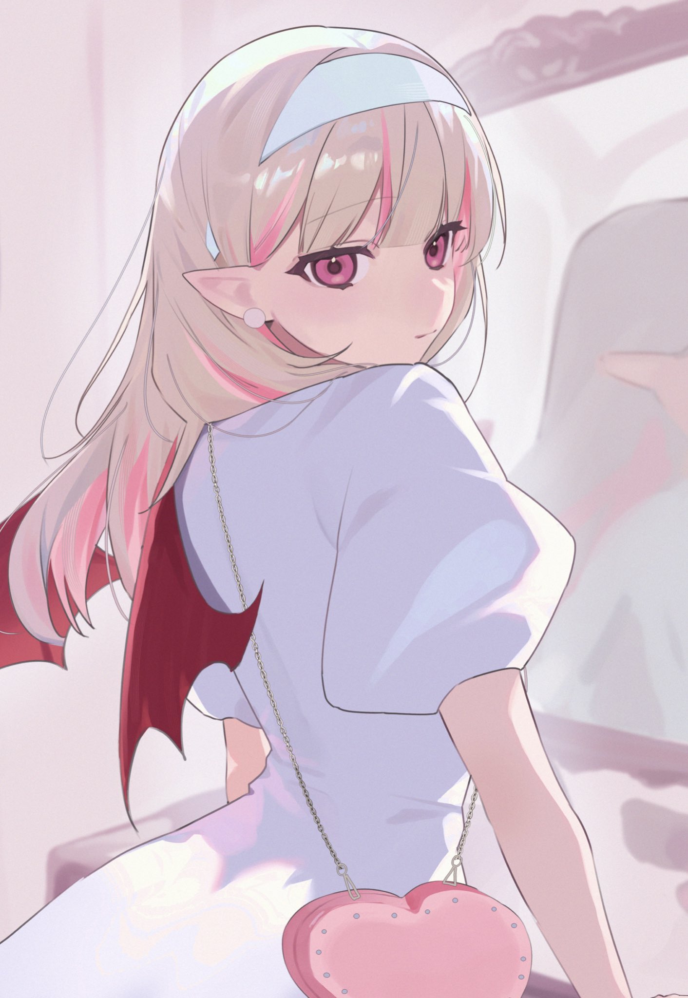 makaino ririmu, nijisanji, highres, 1girl, bag, blunt bangs, blurry, blurry background, closed mouth, colored inner hair, demon wings, dress, earrings, from behind, grey hair, hair behind ear, hairband, heart-shaped bag, jewelry, kopi nagi, long hair, looking back, mirror, multicolored hair, official alternate costume, official alternate hairstyle, pink bag, pink hair, pink streaks, pointy ears, puffy short sleeves, puffy sleeves, red eyes, red wings, short sleeves, shoulder bag, solo, streaked hair, stud earrings, two-tone hair, upper body, virtual youtuber, white dress, white hairband, wings