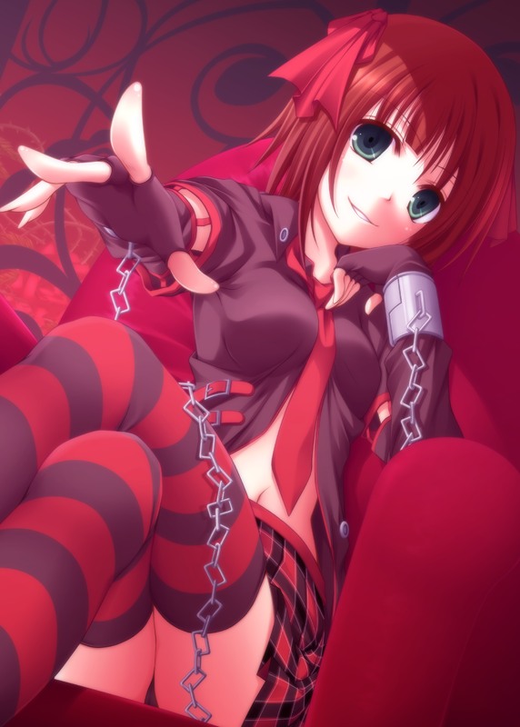 kago no tori, amami haruka, dark haruka, idolmaster, idolmaster (classic), bad id, bad pixiv id, 00s, 1girl, brown hair, chain, female focus, fingerless gloves, foreshortening, gloves, green eyes, head rest, midriff, navel, necktie, panties, pantyshot, plaid clothes, plaid skirt, punkish gothic, ribbon, short hair, sitting, skirt, smile, solo, striped clothes, striped thighhighs, thighhighs, underwear