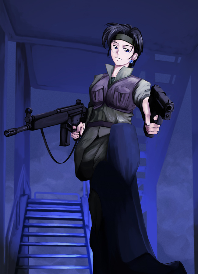 hironari (pixiv854809), sig sauer, bad id, bad pixiv id, 1girl, assault rifle, battle rifle, earrings, female focus, gun, h&k g3, handgun, headband, jewelry, pistol, rifle, short hair, solo, vest, weapon