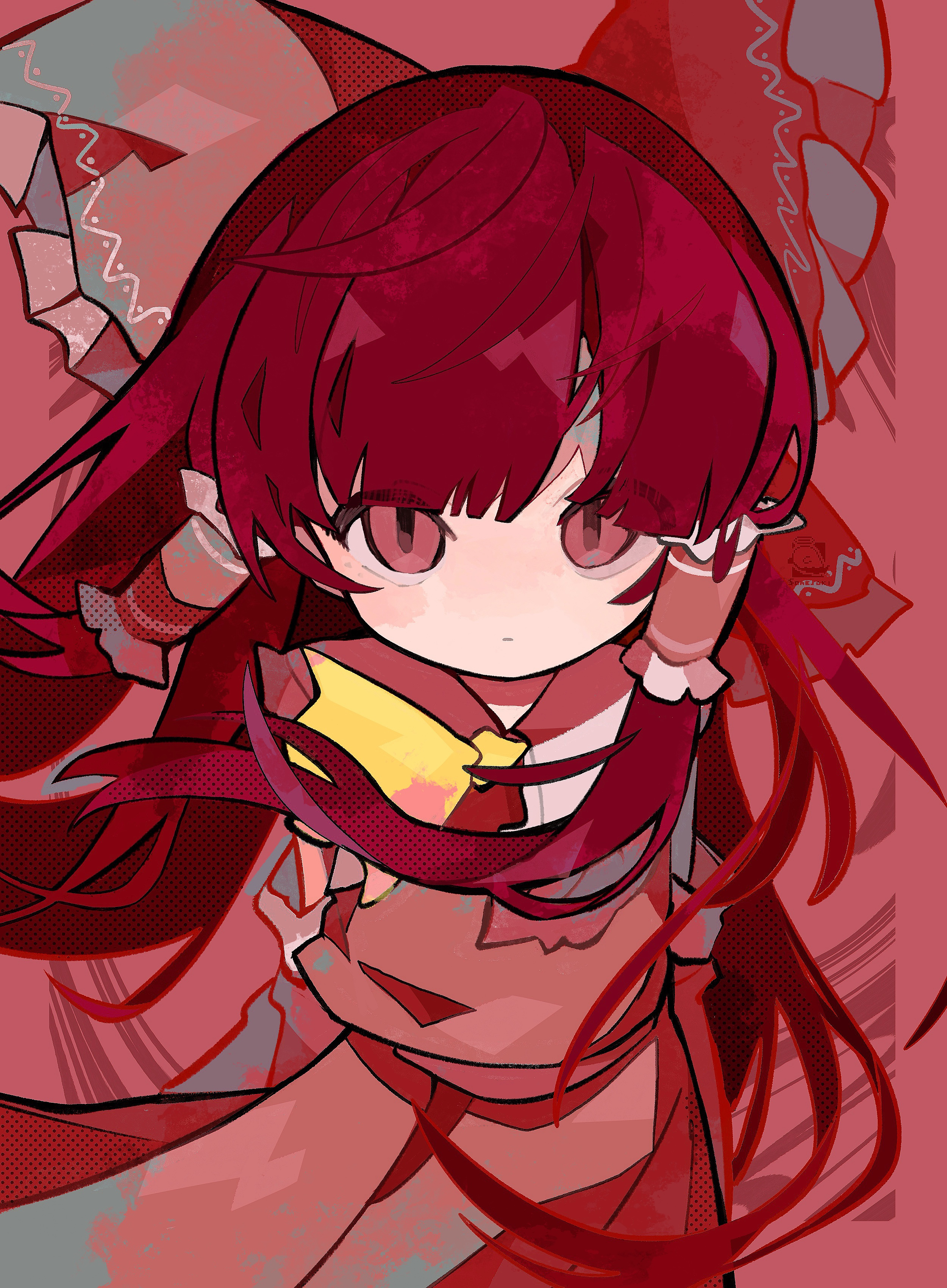 soresaki, hakurei reimu, touhou, absurdres, highres, 1girl, ascot, bow, hair bow, hair tubes, long hair, looking at viewer, red theme, solo, upper body, yellow ascot