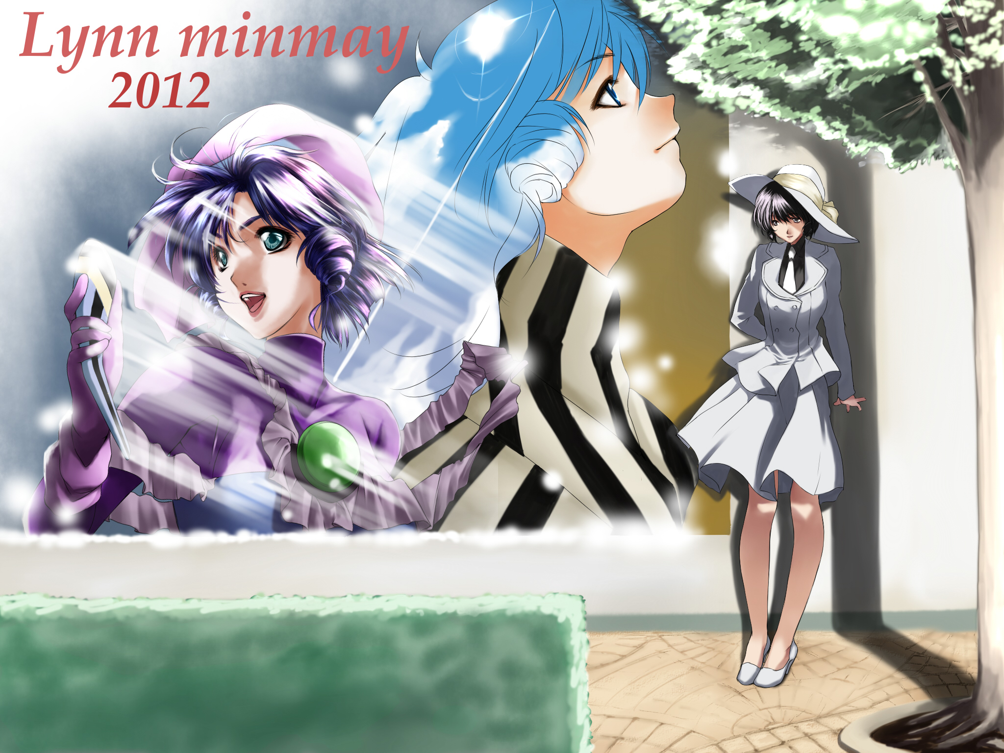 alric, lynn minmay, choujikuu yousai macross, choujikuu yousai macross flashback 2012, macross, macross flashback 2012, 1980s (style), highres, 10s, 1girl, 2012, arms behind back, black hair, blue dress, blue eyes, dress, full body, hat, jacket, microphone, necktie, plant, retro artstyle, science fiction, shade, skirt, standing, sun hat, sunlight, tree