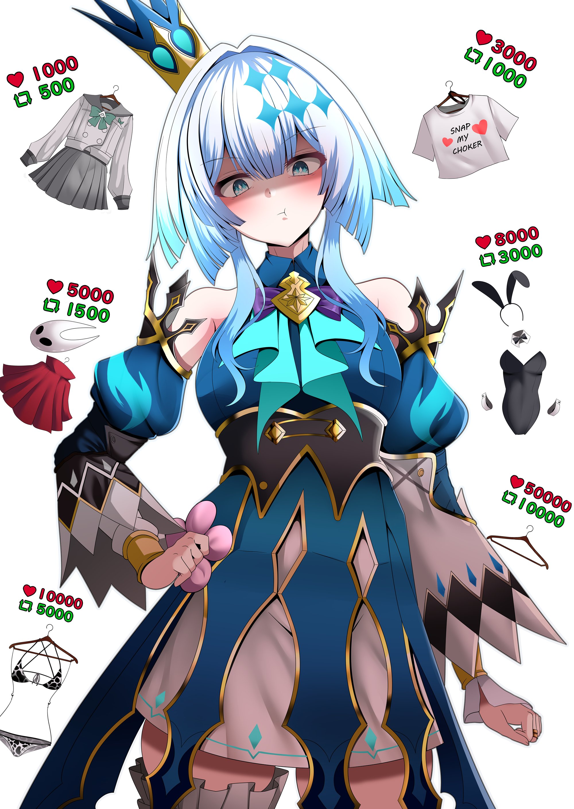 astraea (atelierastraea), cerydra (honkai: star rail), hollow knight, hollow knight: silksong, honkai: star rail, honkai (series), absurdres, highres, 1girl, animal ears, bare shoulders, blue dress, blue eyes, blue hair, blush, breasts, clothes hanger, crown, detached sleeves, dress, gradient hair, looking at viewer, medium breasts, medium hair, multicolored hair, playboy bunny, rabbit ears, shirt, solo, white hair, white shirt, wrist cuffs