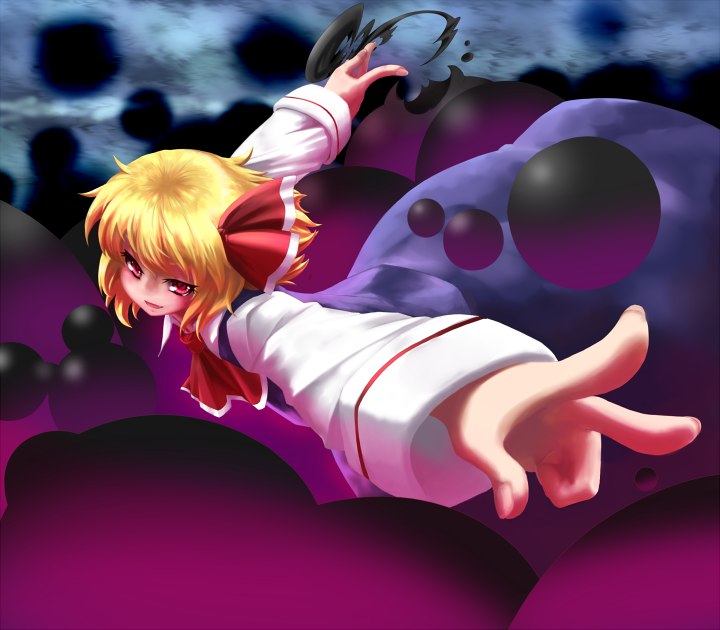 mizunashi (second run), secondrun, rumia, embodiment of scarlet devil, touhou, bad id, bad pixiv id, 1girl, blonde hair, darkness, female focus, foreshortening, hair ribbon, magic, red eyes, ribbon, short hair, solo