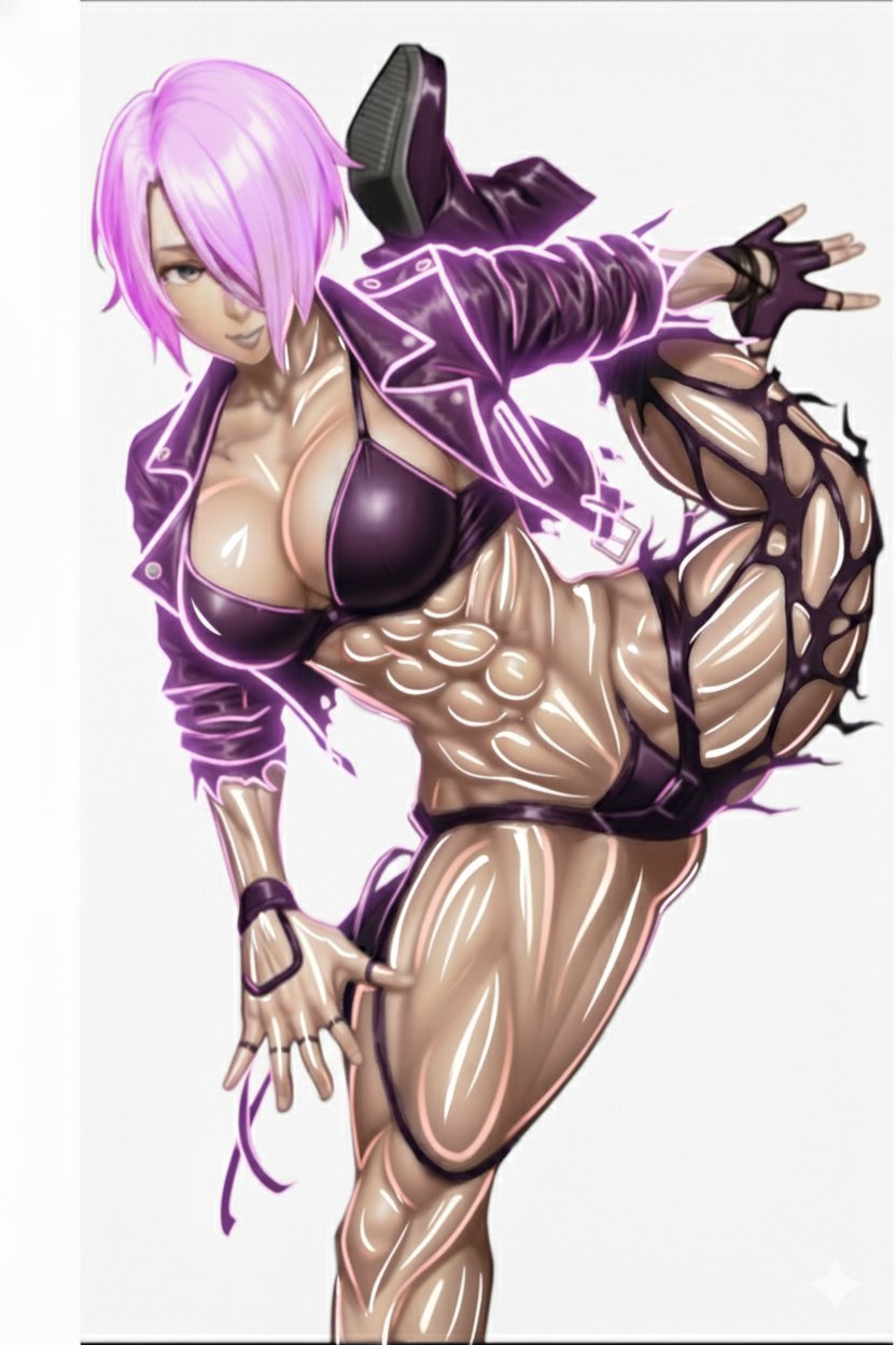 angel (kof), the king of fighters, torn legwear, highres, 1girl, blue eyes, boots, darwinc61194, female focus, flexible, gloves, glowing, jacket, leather, leather jacket, looking at viewer, muscular, muscular female, neon lights, oiled, oiled body, oiled up, open clothes, pale skin, panties, shiny skin, short hair, smile, standing, standing on one leg, thick thighs, thighs, toned, toned female, torn clothes, underwear, white hair