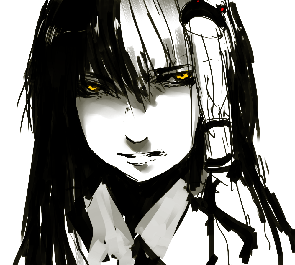 un-known (ninesix), kochiya sanae, touhou, bad id, bad pixiv id, 1girl, angry, female focus, frog, hair ornament, monochrome, orange eyes, portrait, solo, spot color, upper body, yellow eyes