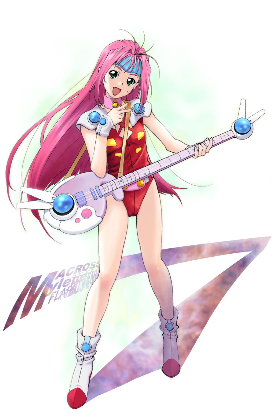 pandaun, mylene jenius, macross, macross 7, highres, 1990s (style), 1girl, boots, female focus, guitar, instrument, legs, leotard, long hair, long legs, pink hair, retro artstyle, solo