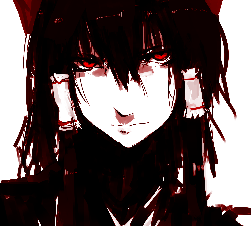 un-known (ninesix), hakurei reimu, touhou, bad id, bad pixiv id, 1girl, bow, female focus, glaring, hair bow, hair tubes, monochrome, portrait, red eyes, red theme, serious, solo, upper body