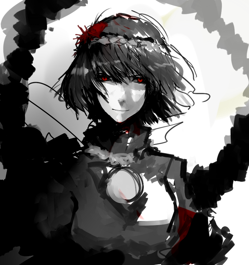 un-known (ninesix), yasaka kanako, touhou, bad id, bad pixiv id, 1girl, female focus, monochrome, portrait, red eyes, rope, short hair, solo, spot color, upper body