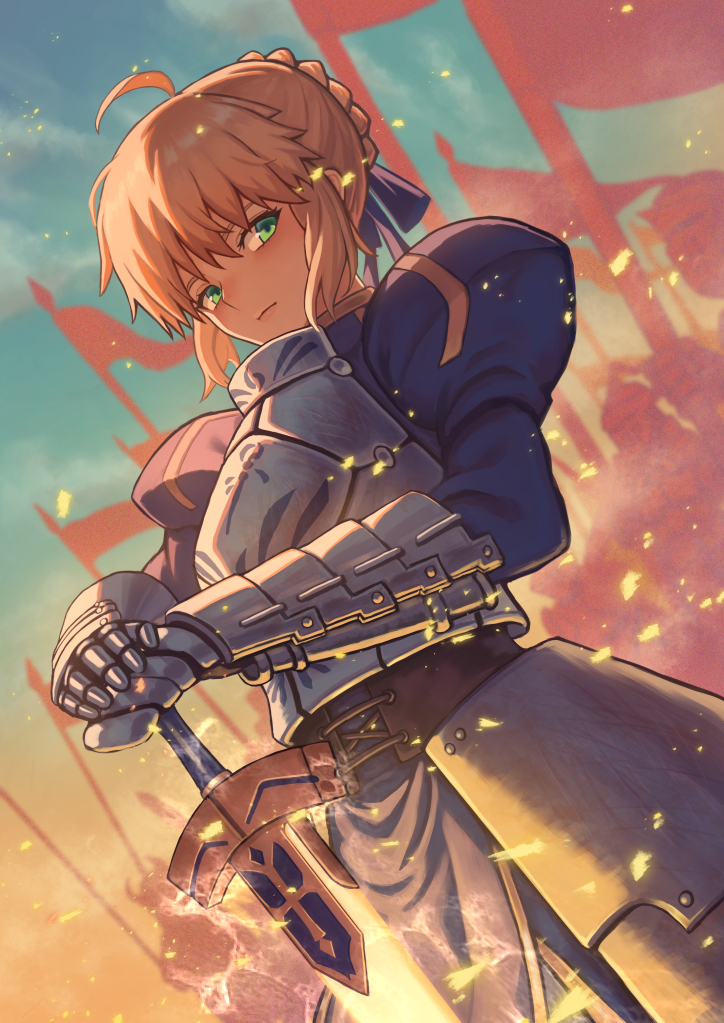 gao wei, artoria pendragon (fate), saber (fate), fate/stay night, fate (series), commentary request, 1girl, ahoge, armor, armored dress, army, blonde hair, blue dress, blue ribbon, braid, breastplate, closed mouth, dress, dutch angle, excalibur (fate/stay night), flag, gauntlets, green eyes, hair bun, hair ribbon, holding, holding weapon, juliet sleeves, long sleeves, looking at viewer, outdoors, planted, puffy sleeves, ribbon, short hair, sidelocks, single hair bun, sky, solo, standing, sword, weapon