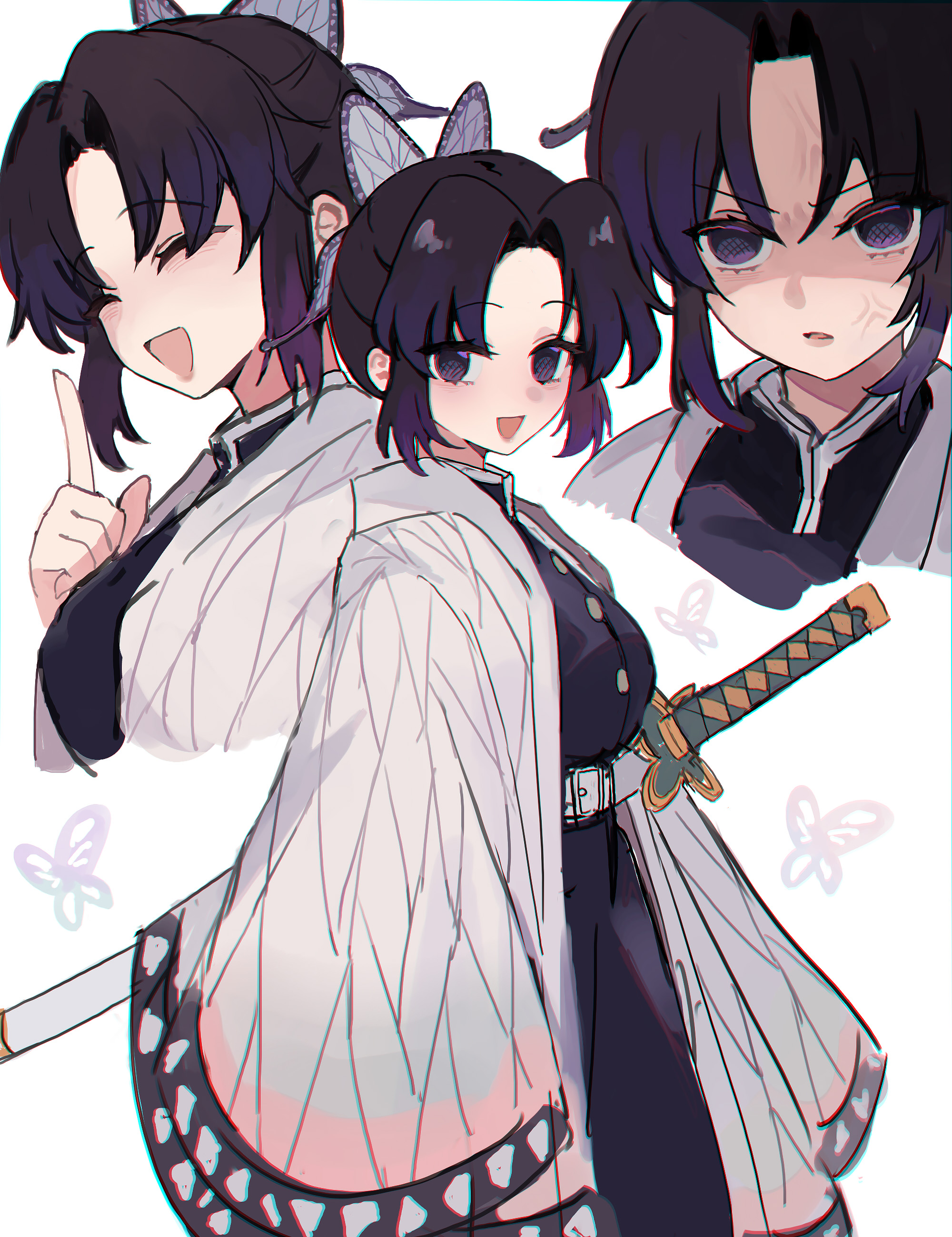 kani nyan, kochou shinobu, kimetsu no yaiba, absurdres, commentary, highres, 1girl, :d, ^ ^, anger vein, angry, belt, belt buckle, black dress, black hair, breasts, buckle, butterfly hair ornament, buttons, closed eyes, curtained hair, demon slayer uniform, dress, gradient hair, hair ornament, haori, index finger raised, japanese clothes, looking at viewer, medium breasts, multicolored hair, multiple views, open mouth, parted lips, purple eyes, shaded face, sheath, sheathed, short hair, smile, staff, sword, weapon, white belt, white haori