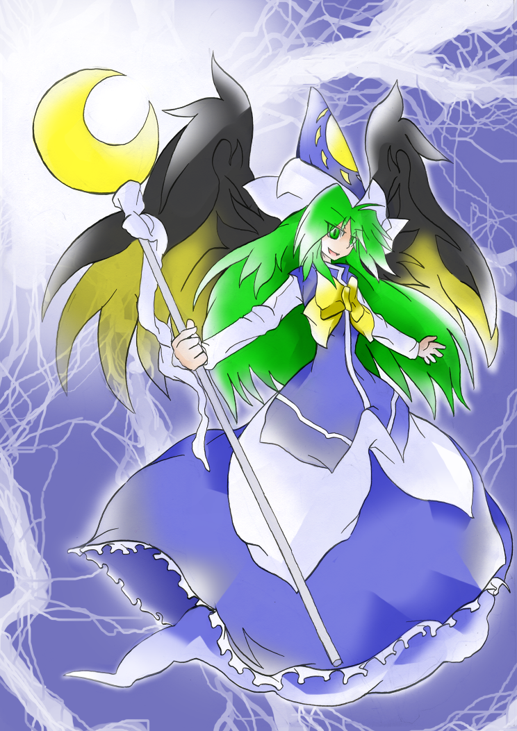 imouchi sutan, sutan beeguru, mima (touhou), touhou, touhou (pc-98), bad id, bad pixiv id, 1girl, female focus, green eyes, green hair, hat, long hair, matching hair/eyes, solo, wings, wizard hat