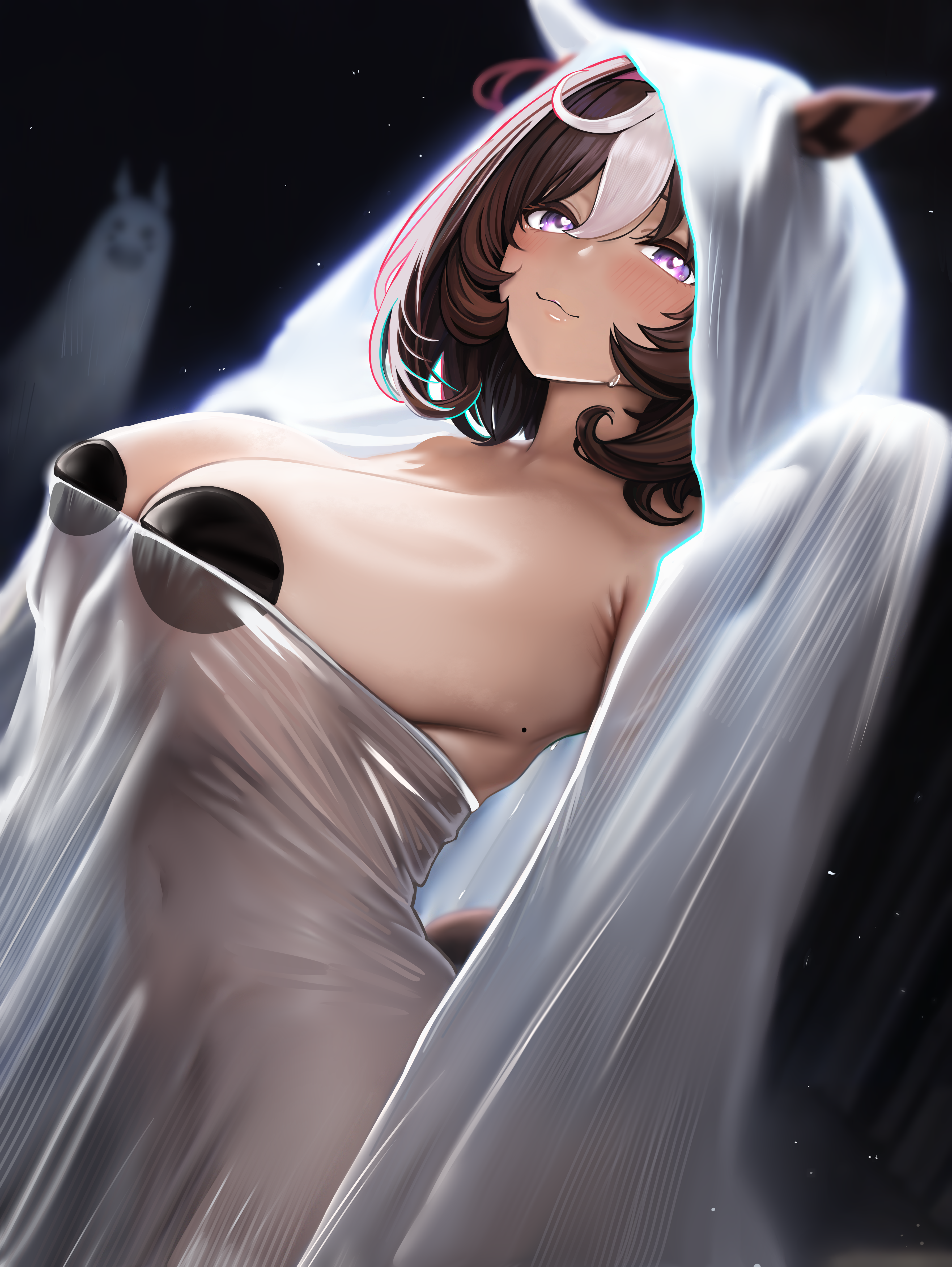 asdkd123, meisho doto (umamusume), umamusume, absurdres, highres, 1girl, animal ears, breasts, brown hair, closed mouth, cowboy shot, dutch angle, ghost costume, heart, heart in eye, horse ears, horse girl, huge breasts, medium hair, multicolored hair, pasties, purple eyes, see-through clothes, solo, standing, streaked hair, symbol in eye