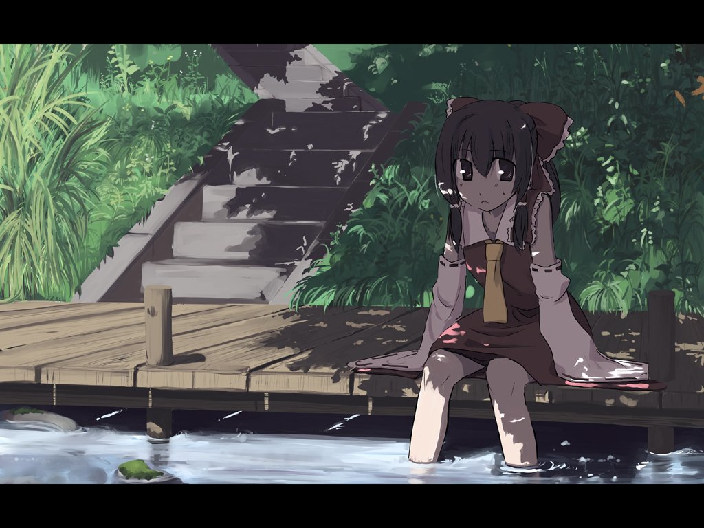 takuzui, hakurei reimu, touhou, 1girl, bow, brown eyes, brown hair, detached sleeves, female focus, hair bow, japanese clothes, letterboxed, miko, nature, outdoors, plant, shade, sitting, soaking feet, solo, stairs, water