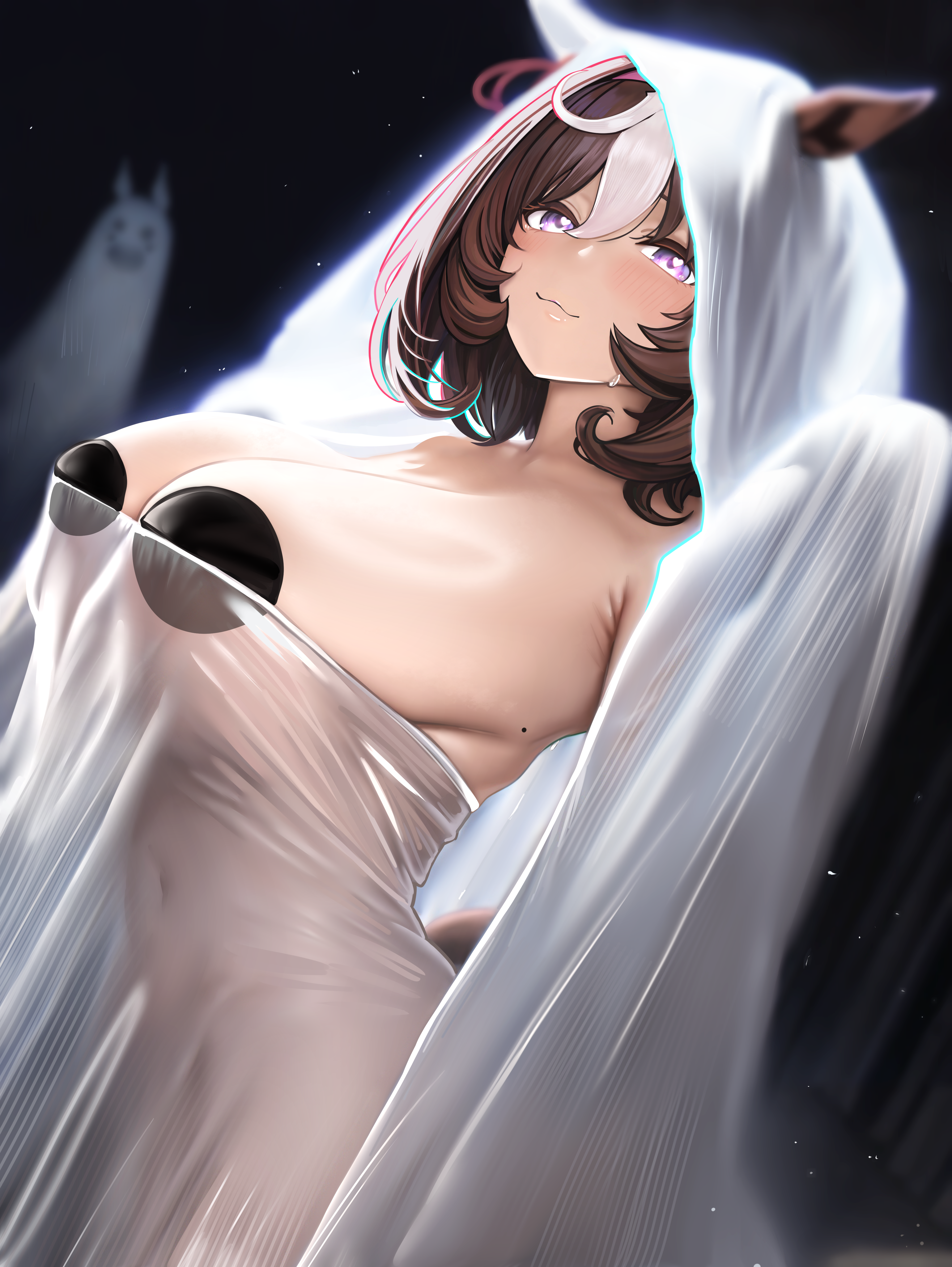 asdkd123, meisho doto (umamusume), umamusume, absurdres, highres, 1girl, animal ears, breasts, brown hair, closed mouth, cowboy shot, dutch angle, ghost costume, heart, heart in eye, horse ears, horse girl, huge breasts, medium hair, multicolored hair, pasties, purple eyes, see-through clothes, solo, standing, streaked hair, symbol in eye