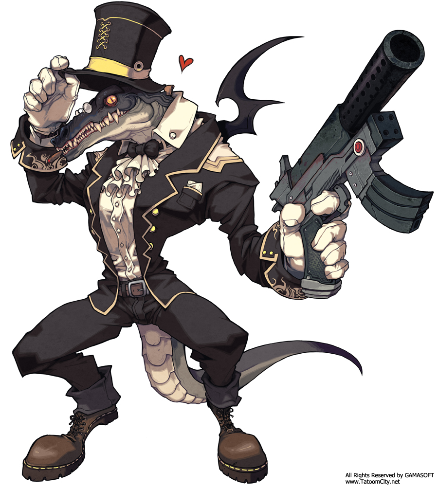 yi lee, original, cigar, crocodile, crocodilian, glasses, gloves, gun, hat, hat tip, heart, monato esprit, solo, tail, top hat, weapon