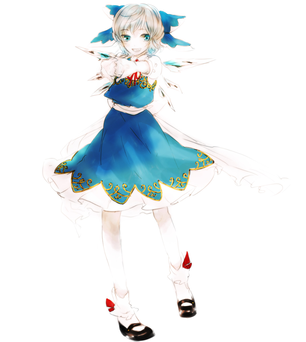 sugi, cirno, touhou, silver hair, bad id, bad pixiv id, highres, 1girl, :d, blue dress, blue eyes, blush, dress, female focus, full body, looking at viewer, mary janes, open mouth, shoes, short hair, simple background, smile, solo, standing, white background