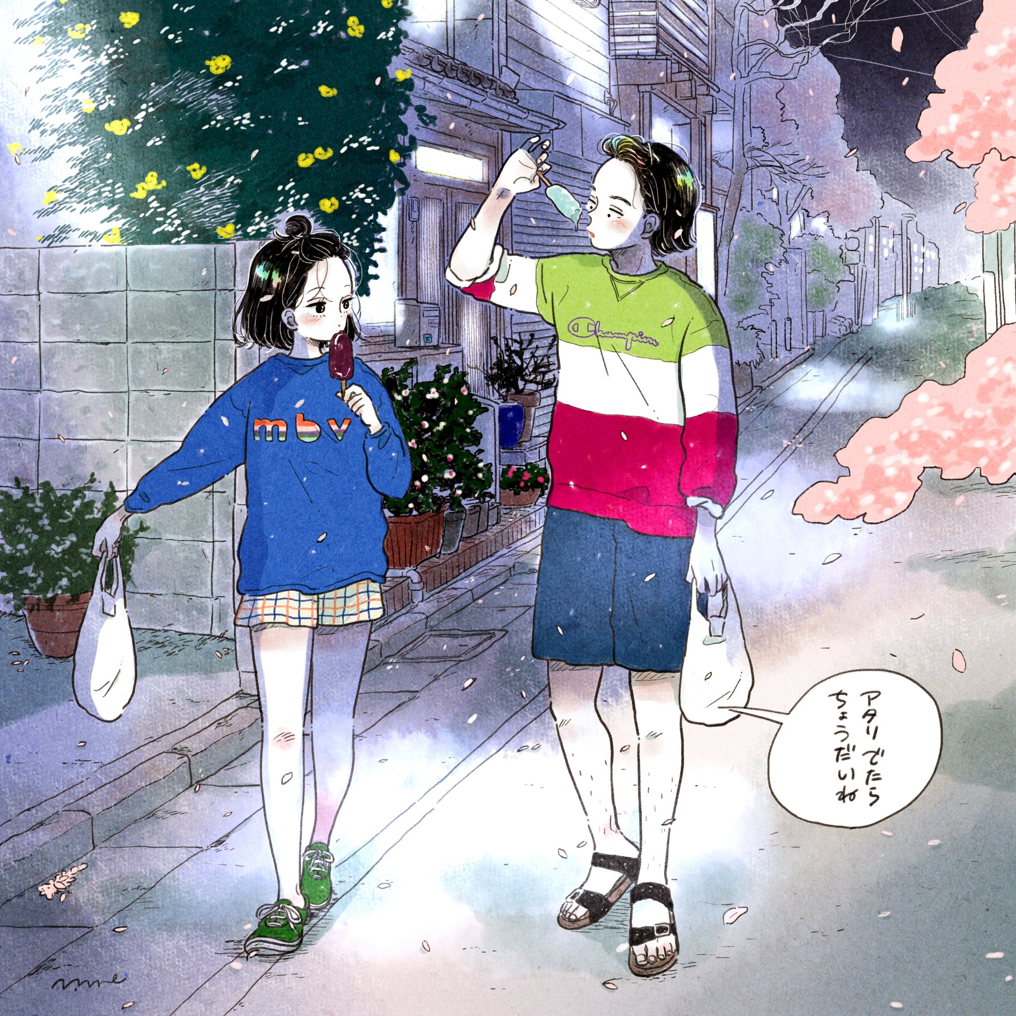 emamemamo33, original, highres, translated, 1boy, 1girl, bag, black eyes, black hair, blue shorts, blue sweater, blush, city, colored skin, falling petals, fingernails, flower, food, full body, green shoes, hair behind ear, hair pulled back, holding, holding bag, ice cream, japan, long sleeves, looking at another, multicolored sweater, night, petals, plant, potted plant, road, sandals, shirt, shoes, shopping bag, short hair, shorts, signature, sneakers, speech bubble, street, sweater, toes, white skin