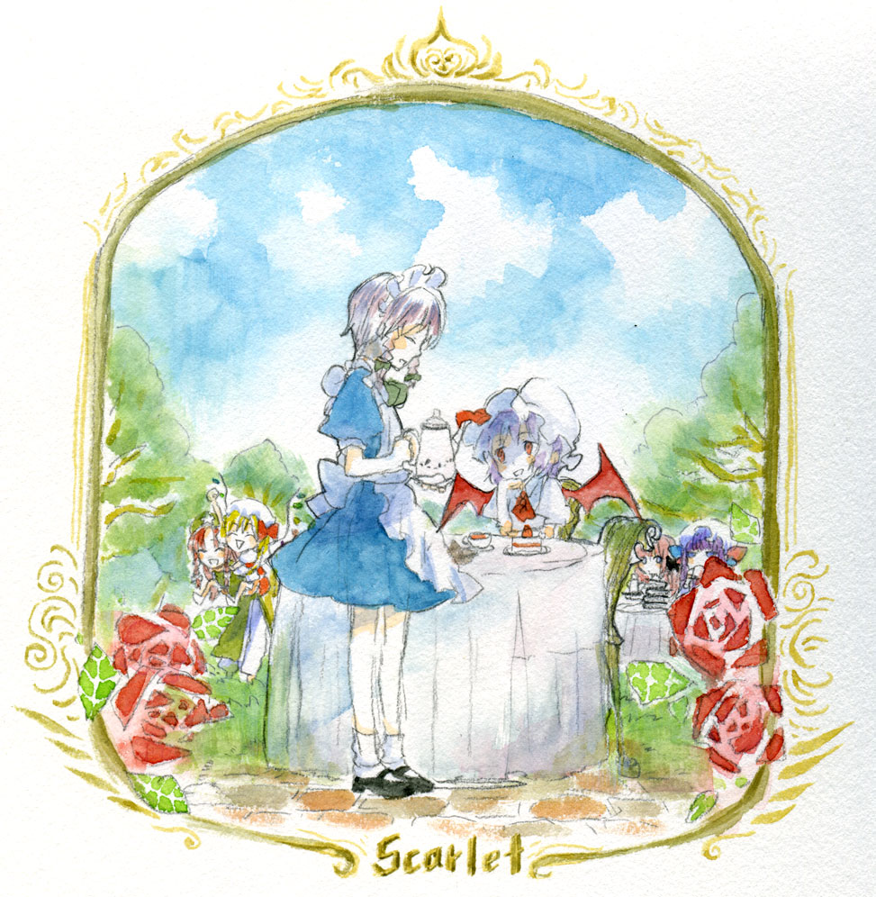 sugi, flandre scarlet, hong meiling, izayoi sakuya, koakuma, patchouli knowledge, remilia scarlet, embodiment of scarlet devil, touhou, bad id, bad pixiv id, painting (medium), traditional media, watercolor (medium), 6+girls, cake, carrying, cup, dress, female focus, flower, food, maid, multiple girls, nature, outdoors, pastry, piggyback, plant, sky, tea, teacup