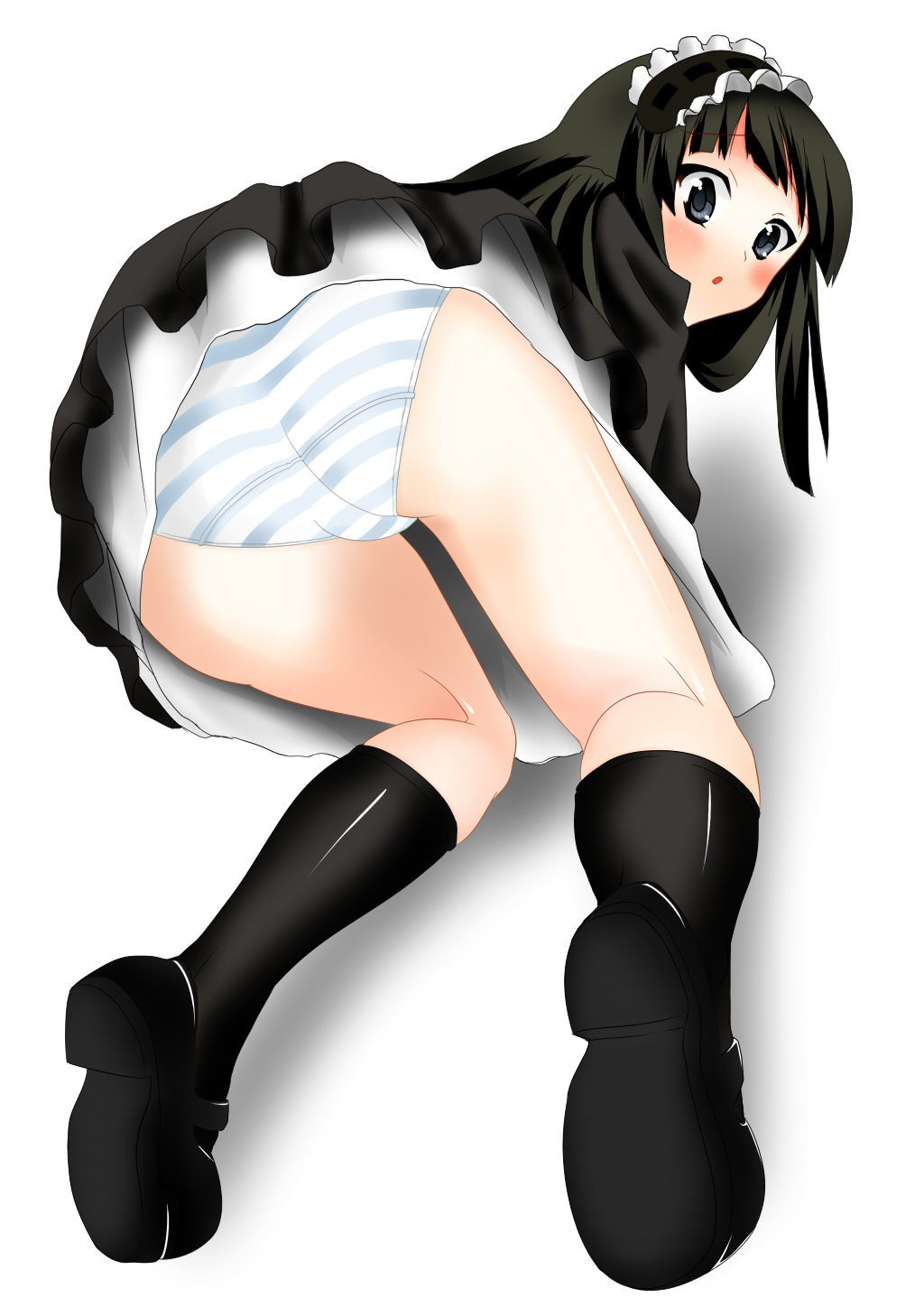 tung, akiyama mio, fuwafuwa time, k-on!, highres, 00s, 1girl, all fours, ass, black hair, blue eyes, blush, dress, female focus, full body, gradient background, headdress, long hair, panties, pantyshot, solo, striped clothes, striped panties, underwear