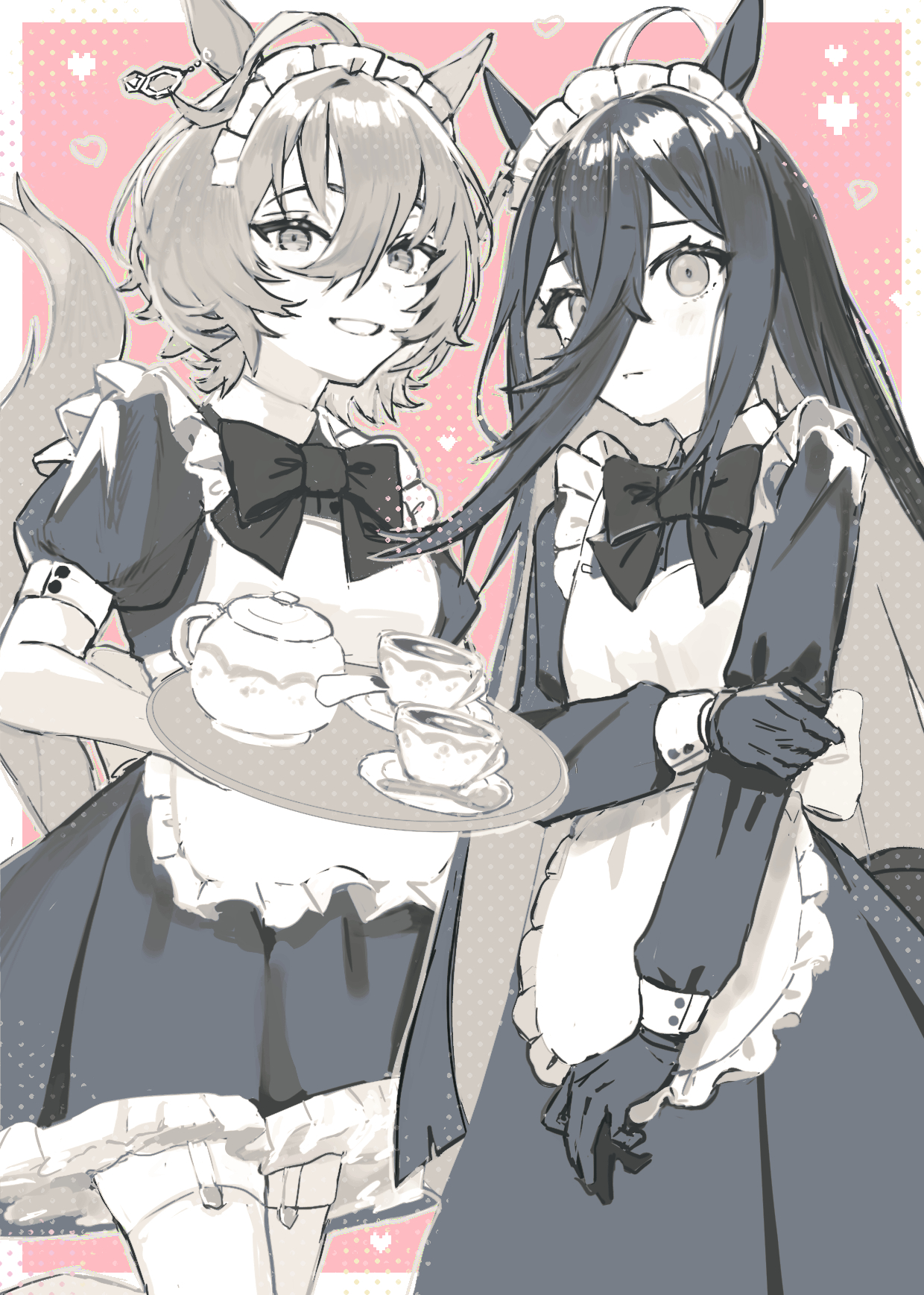 nochatea, agnes tachyon (umamusume), manhattan cafe (umamusume), umamusume, highres, 2girls, ahoge, animal ears, apron, black bow, black bowtie, black dress, black gloves, black hair, bow, bowtie, brown hair, chemical structure, colored inner hair, cup, dress, ear tag, earrings, embarrassed, frilled apron, frills, full body, garter straps, gloves, hair between eyes, hand on own arm, holding, holding plate, horse ears, horse girl, horse tail, jewelry, long bangs, long dress, long hair, long hair between eyes, long sleeves, looking at viewer, maid headdress, multicolored hair, multiple girls, parted lips, plate, puffy short sleeves, puffy sleeves, short hair, short sleeves, single earring, smile, tail, teapot, thighhighs, very long hair, waist bow, white apron, white bow, white hair, white thighhighs