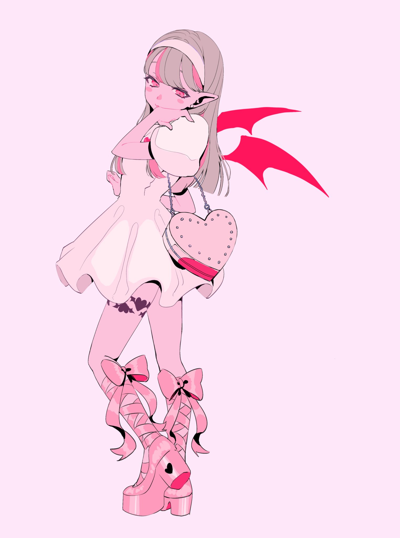 makaino ririmu, nijisanji, highres, 1girl, bag, blunt ends, blush stickers, colored inner hair, demon wings, dress, earrings, from side, full body, grey hair, hair behind ear, hair over shoulder, hairband, hand up, heart-shaped bag, jewelry, kaori1695178, leg bow, leg ribbon, leg tattoo, long hair, looking back, multicolored hair, official alternate costume, official alternate hairstyle, pink bag, pink hair, pink ribbon, pink shoes, pink streaks, pink theme, platform shoes, pointy ears, puffy short sleeves, puffy sleeves, red eyes, red wings, ribbon, shoes, short dress, short sleeves, shoulder bag, simple background, solo, standing, straight hair, streaked hair, stud earrings, tattoo, two-tone hair, virtual youtuber, white background, white dress, white hairband, winged heart, winged heart tattoo, wings