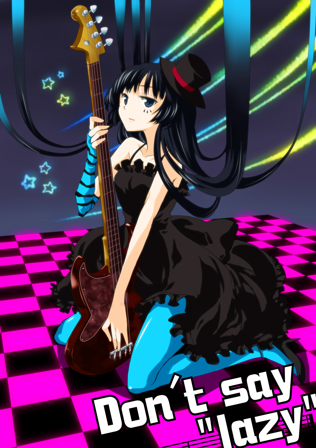 myama, akiyama mio, don't say "lazy", k-on!, bad id, bad pixiv id, highres, 00s, 1girl, bass guitar, black hair, blue eyes, blue pantyhose, blunt bangs, dress, elbow gloves, facepaint, female focus, fingerless gloves, gloves, hat, high heels, hime cut, instrument, long hair, mini hat, mini top hat, pantyhose, shoes, solo, top hat