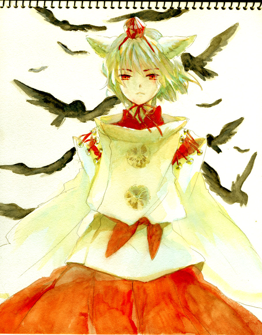 sugi, inubashiri momiji, touhou, bad id, bad pixiv id, painting (medium), traditional media, watercolor (medium), 1girl, animal ears, bird, female focus, hat, japanese clothes, red eyes, short hair, solo, standing, tokin hat, wolf ears