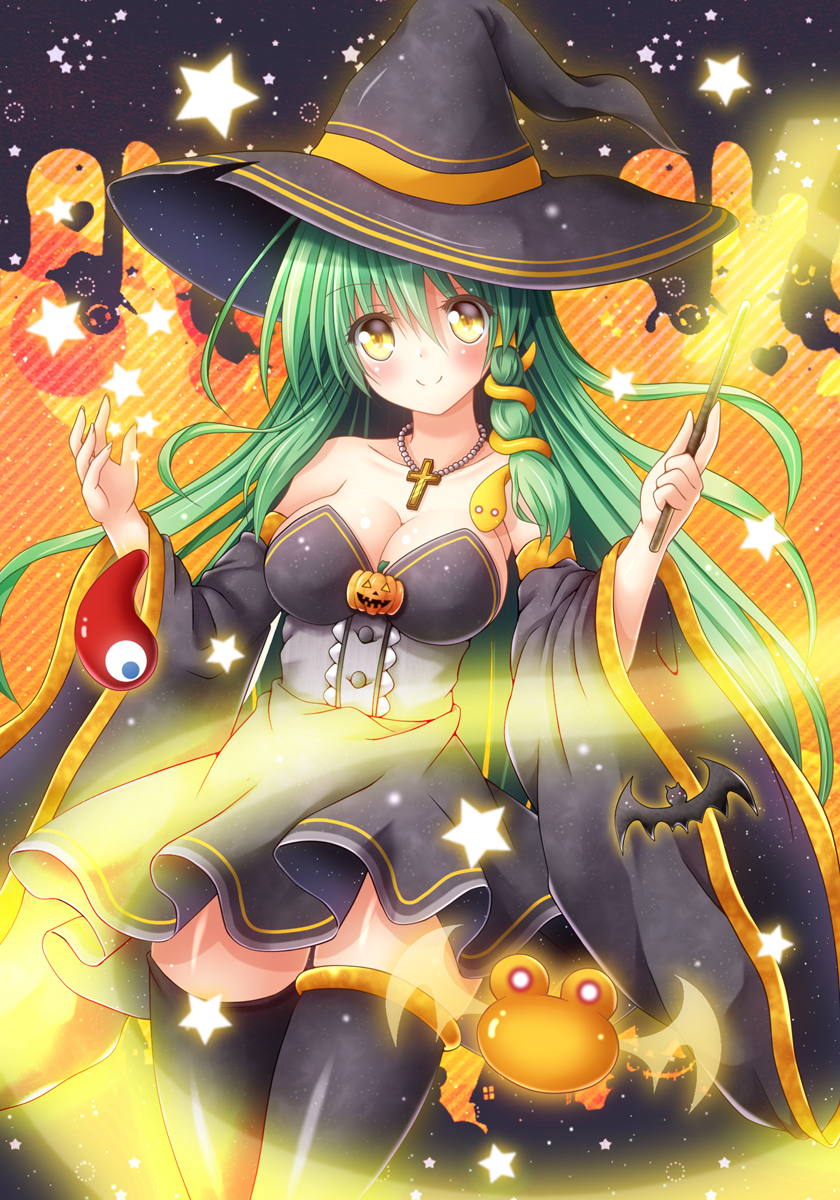 osashin (osada), kochiya sanae, touhou, commentary request, highres, 1girl, alternate costume, bat (animal), black background, black dress, black hat, black sleeves, black thighhighs, blush, breasts, cleavage, closed mouth, cowboy shot, cross, cross necklace, detached sleeves, diagonal-striped background, dress, grey hair, hair ornament, halloween, halloween costume, hat, hat ribbon, holding, holding wand, jewelry, large breasts, latin cross, long hair, long sleeves, looking at viewer, magatama, necklace, orange background, orange ribbon, pearl necklace, ribbon, smile, snake hair ornament, solo, standing, star (symbol), strapless, strapless dress, striped background, thighhighs, underbust, very long hair, wand, wide sleeves, witch, witch hat, yellow eyes