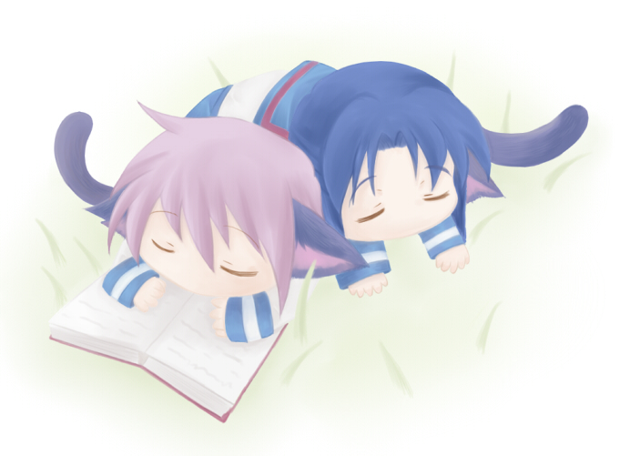 komochi shishamo, asakura ryoko, nagato yuki, suzumiya haruhi no yuuutsu, 00s, animal ears, blue eyes, blue hair, book, cat ears, cat tail, chibi, grass, sleeping, tail