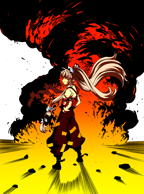 makoto (pixiv), makoto jon, fujiwara no mokou, touhou, 1girl, explosion, female focus, fire, full body, solo, standing