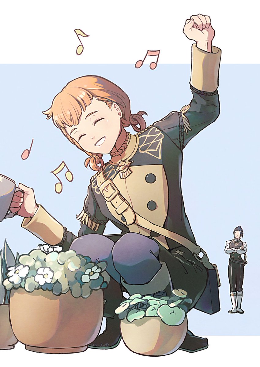 un faro, annette fantine dominic, felix hugo fraldarius, fire emblem, fire emblem: three houses, nintendo, commentary request, highres, 1boy, 1girl, black hair, black pants, black pantyhose, black skirt, boots, buttons, closed eyes, crossed arms, flower, garreg mach monastery uniform, grin, long sleeves, musical note, orange hair, pants, pantyhose, skirt, smile, solo focus, white boots, white flower