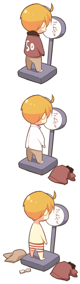 dorei k, america (hetalia), axis powers hetalia, striped underwear, commentary request, 1boy, barefoot, blonde hair, brown jacket, brown pants, from behind, jacket, long sleeves, male focus, male underwear, pants, shirt, standing, topless male, underwear, unworn eyewear, unworn jacket, unworn shirt, weighing scale, white background, white shirt