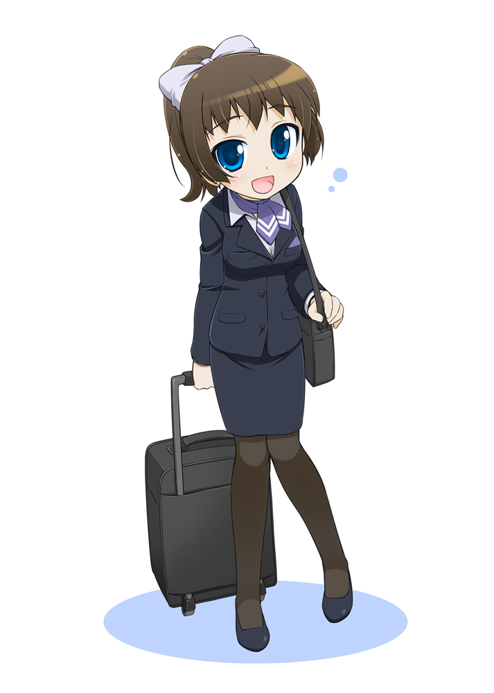 bakutendou, original, uniform, bad id, bad pixiv id, 1girl, bag, bow, brown eyes, brown hair, female focus, flight attendant, hair bow, handbag, pantyhose, pencil skirt, ponytail, skirt, smile, solo, suitcase, travel attendant