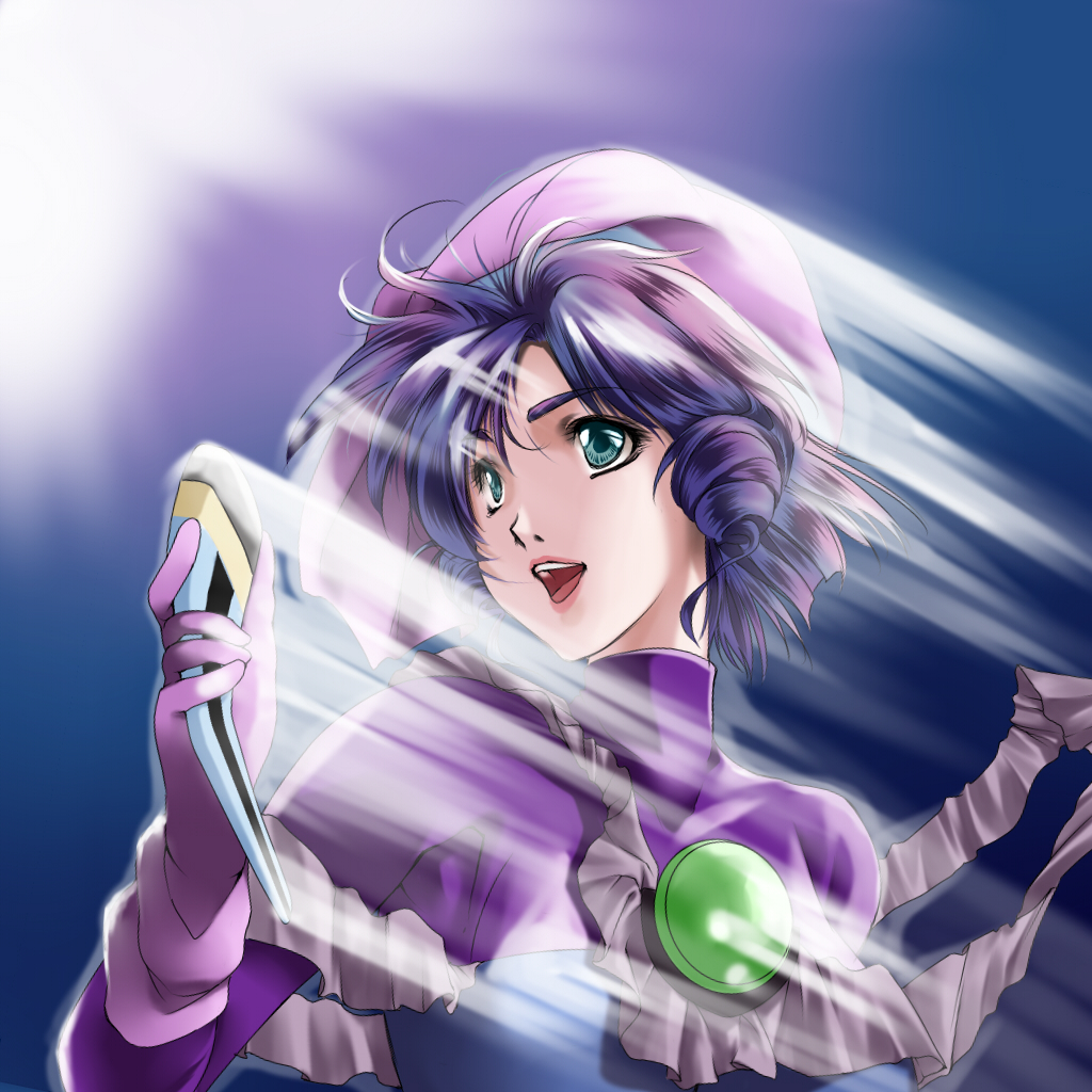 alric, lynn minmay, choujikuu yousai macross, choujikuu yousai macross flashback 2012, macross, macross: do you remember love?, macross flashback 2012, 1980s (style), 1girl, :d, brooch, female focus, gem, green eyes, jewelry, motion lines, oldschool, open mouth, purple hair, retro artstyle, short hair, smile, solo, speed lines, upper body