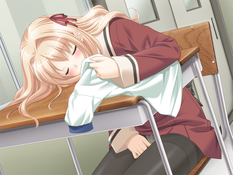 kani biimu, matsubara yuuna, fuguriya, sono hanabira ni kuchizuke wo, game cg, 1girl, blonde hair, blue eyes, blush, closed eyes, desk, female focus, female masturbation, masturbation, panties, pantyhose, ribbon, school uniform, sitting, smelling, smelling clothes, solo, through panties, underwear