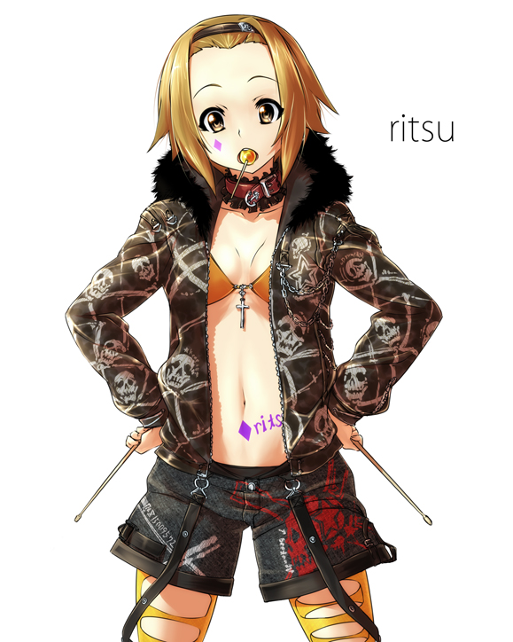 nekomamire, tainaka ritsu, k-on!, 00s, 1girl, bikini, bikini top only, brown eyes, brown hair, candy, chain, collar, cross, diamond (gemstone), diamond (shape), drumsticks, fashion, female focus, food, hairband, hands on own hips, jacket, lollipop, mouth hold, navel, orange bikini, short hair, shorts, skull, solo, swimsuit, tattoo, tomboy, torn clothes, white background