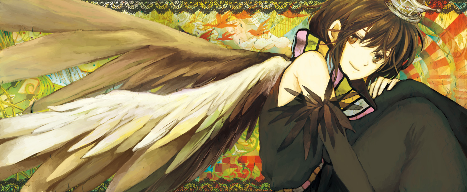 sugi, original, bad id, bad pixiv id, bare shoulders, crown, feathers, short hair, smile, solo, wings